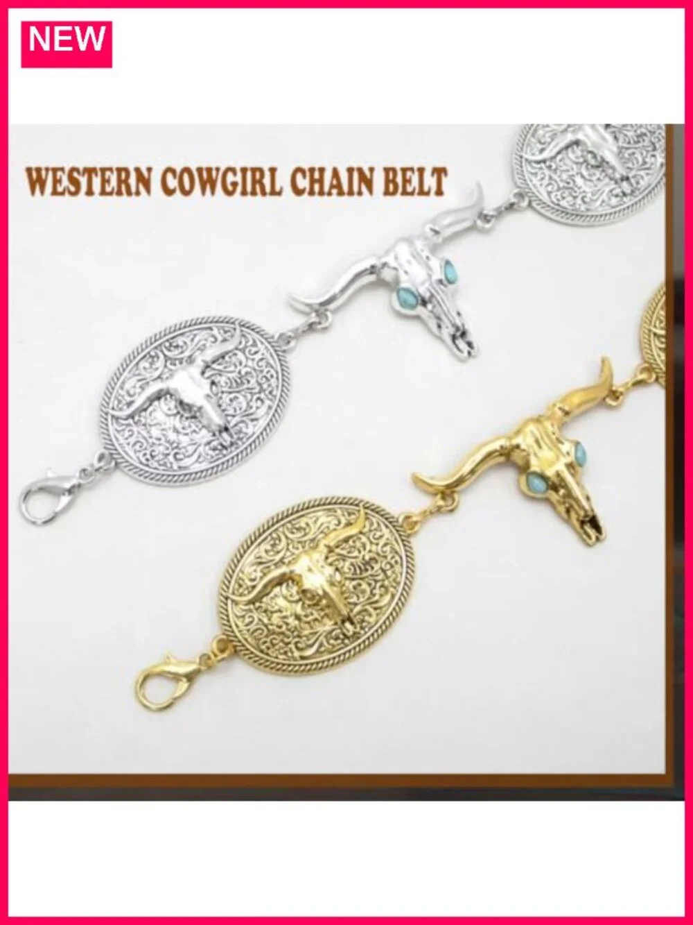 Metal Chain Belt with Bull Skull Pendant - Western Cowgirl Waist Chain